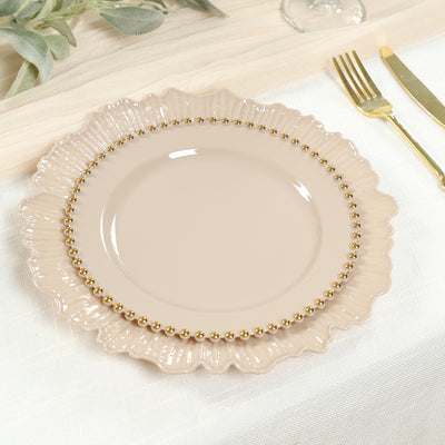 Elegant beige plate with gold beaded rim, perfect for dining decor.