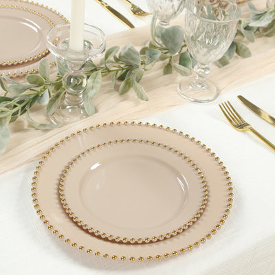 10 Pack Plastic Dessert Appetizer Plates in Taupe with Gold Beaded Rim, Disposable Round Salad Party Plates 8"