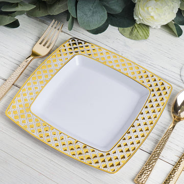 Elegant Gold and White Square Plastic Dessert Salad Plates