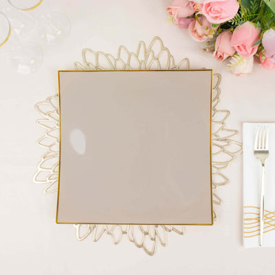 Elegant square plate with gold trim on decorative lace charger