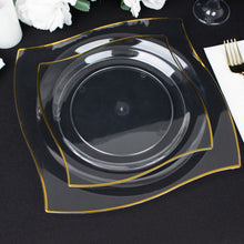 10 Pack | 10inch Clear / Gold Wavy Rim Modern Square Plastic Dinner Plates, Disposable Party Plates