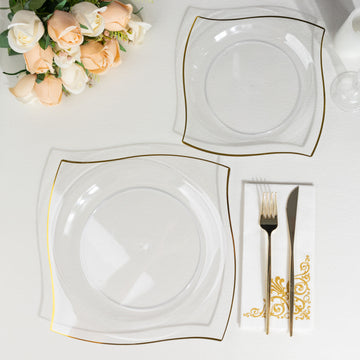 Clear/Gold Wavy Rim Plastic Dinner Plates for Effortless Entertaining