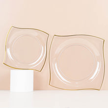 10 Pack | 8inch Clear / Gold Wavy Rim Modern Square Plastic Dessert Plates, Disposable Party Plates
