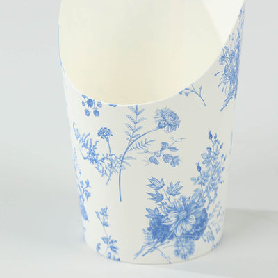 Blue floral patterned paper cup on a plain white background.