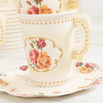 Floral paper cup with matching plate, elegant design for events or parties.