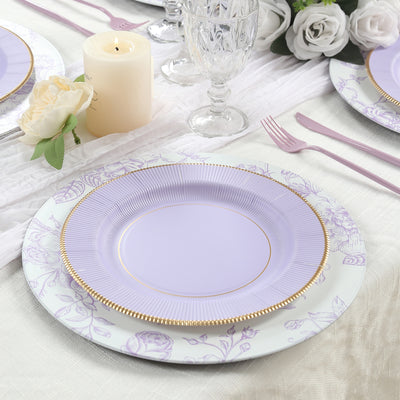 Elegant lavender and floral dinner plate set on a decorated dining table.