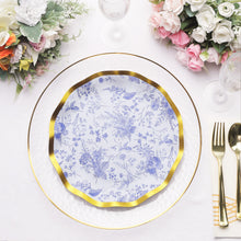 25 Pack | 10inch White / Blue Chinoiserie Paper Dinner Plates With Gold Wavy Rim, Disposable Floral