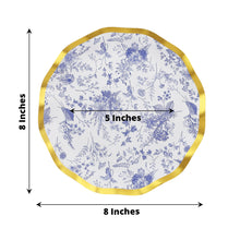 25 Pack | White / Blue Chinoiserie Paper Dessert Appetizer Plates With Gold Wavy Rim Floral