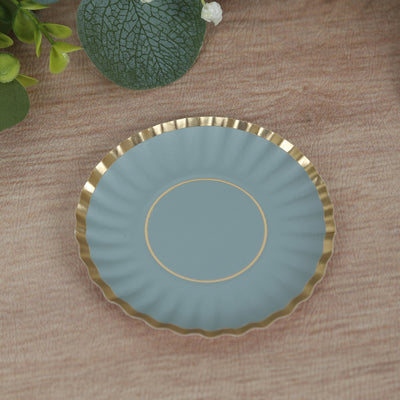 Blue plate with gold rim on wooden surface.