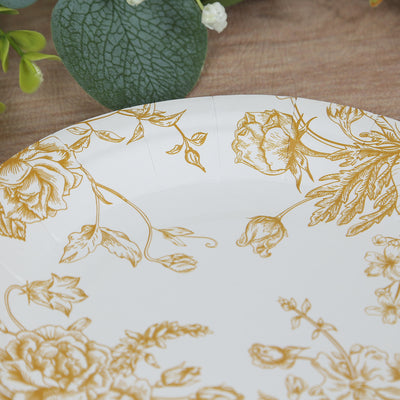 Elegant white paper plate with gold floral design.