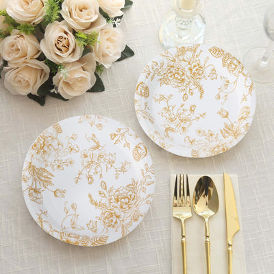 25-Pack Paper Round Dessert Plates 7" White with Gold French Toile Pattern - Disposable Floral Salad Appetizer Plates for Classy Event Decor