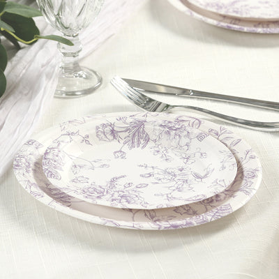 Floral patterned paper plates set on a dining table.