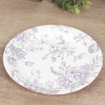 Floral design paper plate with intricate purple illustrations.