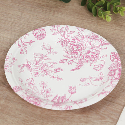 Floral paper plate design in pink on a white background.