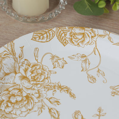 Elegant floral paper plate with gold design on a white background.