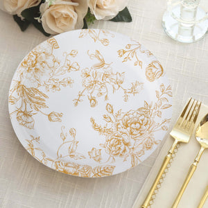 Elegant gold floral design paper plate on a textured table setting.