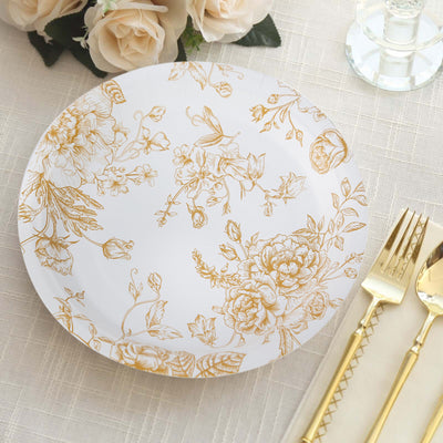 Elegant gold floral design paper plate on a textured table setting.