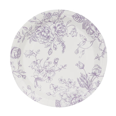 Floral design paper plate with intricate purple illustrations on a white background