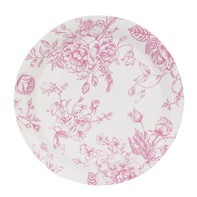 Floral design paper plate with pink illustrations on a white background