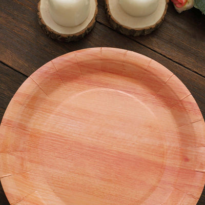Wooden plate with a natural finish on a rustic wooden table.