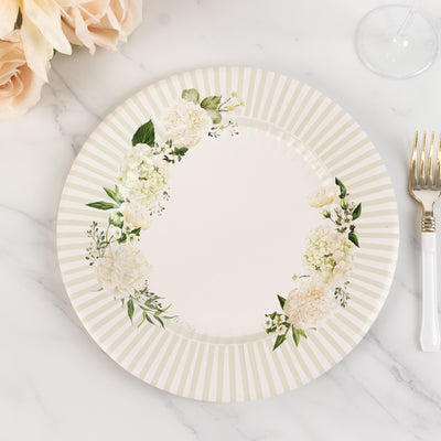 Floral patterned paper plate with a striped design.