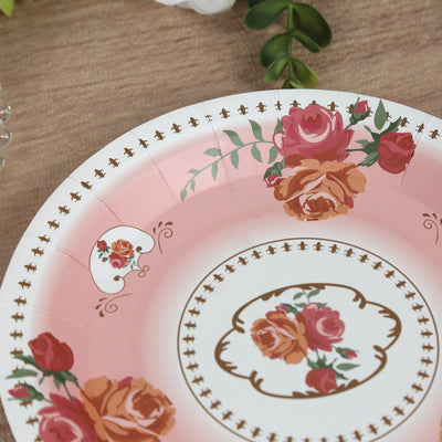 Decorative floral paper plate in pink and white with rose designs.