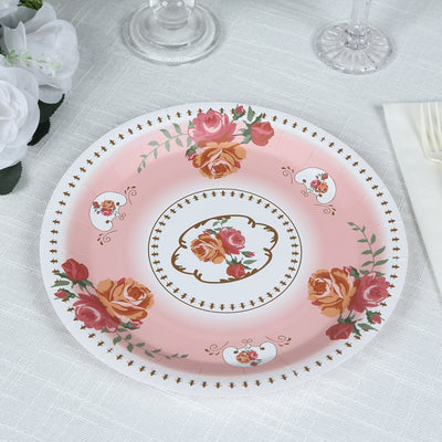 Pink floral dinner plate with rose designs and elegant gold accents.