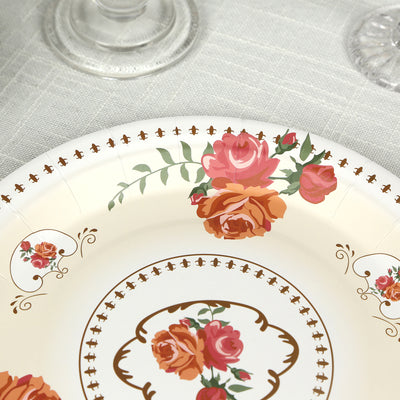 Floral patterned paper plate with roses and decorative border design.