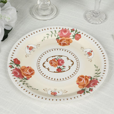 Decorative floral dinner plate with intricate rose design.