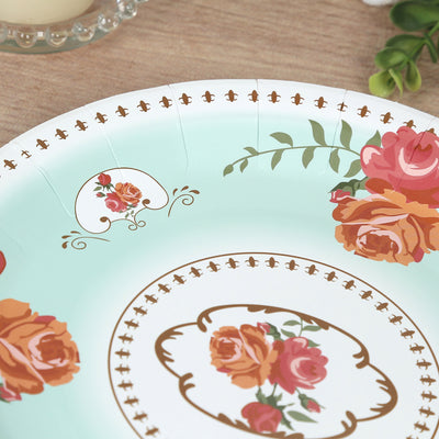 Floral design paper plate with mint green and rose motifs.