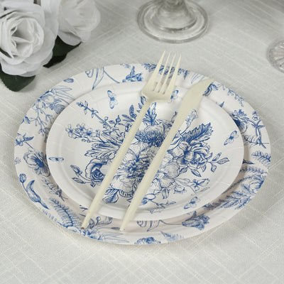 Floral patterned disposable plates with a fork on a table setting.