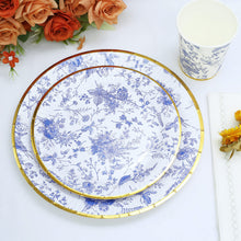 25 Pack | 7inch Blue Chinoiserie Floral Paper Dessert Plates With Gold Rim