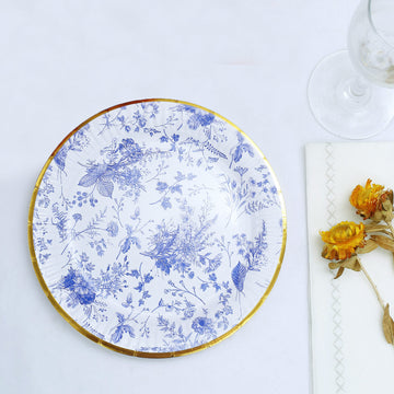 Blue Chinoiserie Floral Paper Dessert Plates with Gold Rim