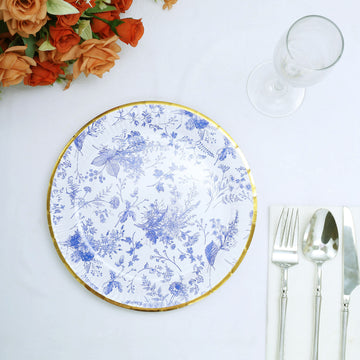 Blue Chinoiserie Floral Paper Plates with Gold Rim - Elegant and Convenient
