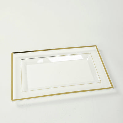 Elegant rectangular white serving platter with gold trim