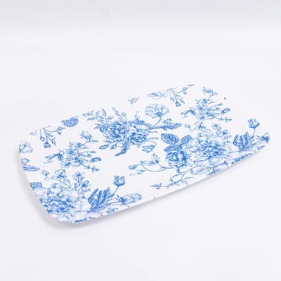 Blue floral printed ceramic platter on white background