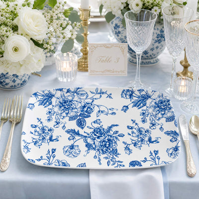 10 Pack French Toile Plastic Rectangle Serving Trays, Blue & White Floral Party Platters - 12"L x 7"W