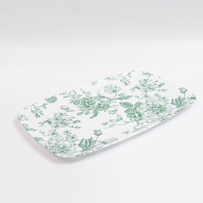 Rectangular floral serving tray with green botanical print on white background