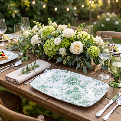 Elegant outdoor garden dining table with white floral centerpiece and green accents
