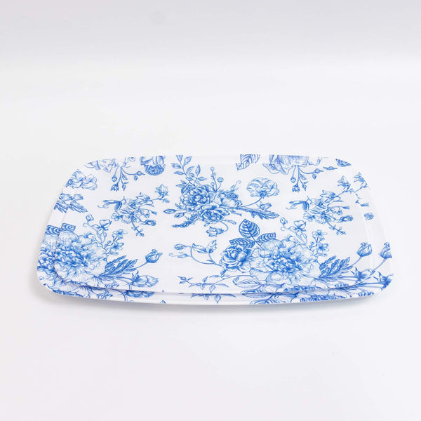 Blue floral patterned rectangular serving tray on white background#whtbkgd