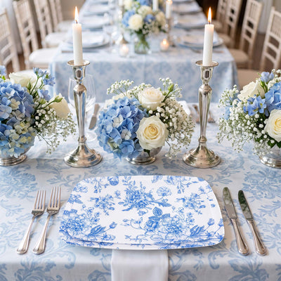 10 Pack French Toile Plastic Rectangle Serving Trays, Blue & White Floral Party Platters - 13"L x 9"W