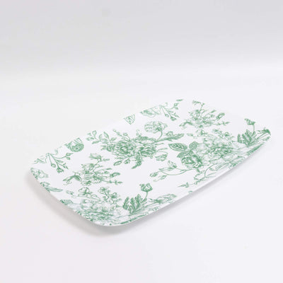 Green floral printed rectangular serving tray on white background