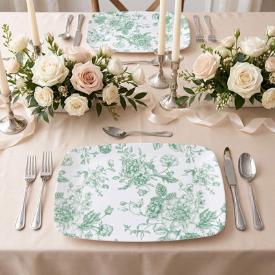 10 Pack French Toile Plastic Rectangle Serving Trays, Sage Green & White Floral Party Platters - 13"L x 9"W