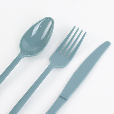 Blue reusable cutlery set including spoon, fork, and knife.
