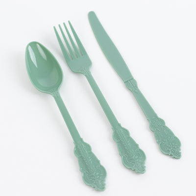 Mint green plastic cutlery set: spoon, fork, and knife