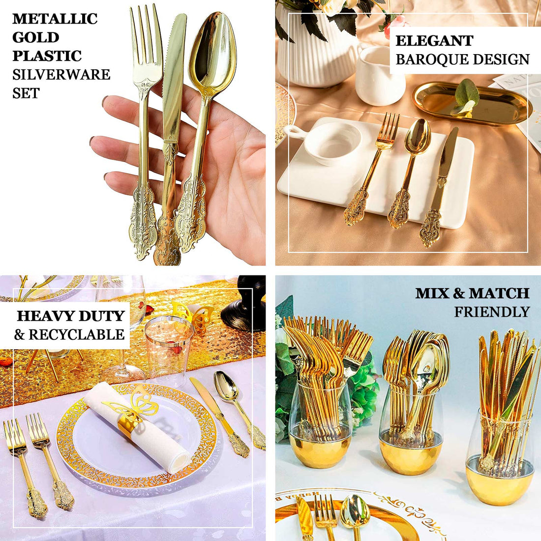 Plastic Silverware Set 24pc Metallic Gold Baroque Style | eFavormart