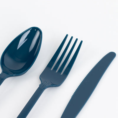 Navy blue plastic cutlery set including spoon, fork, and knife