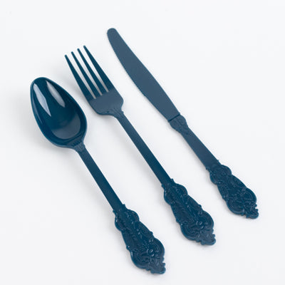 Navy blue plastic cutlery set: spoon, fork, and knife