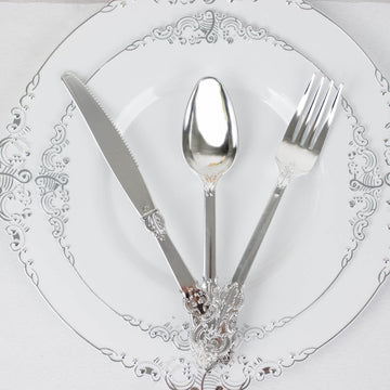 Complete Your Event Decor with Metallic Silver Baroque-Style Silverware Set