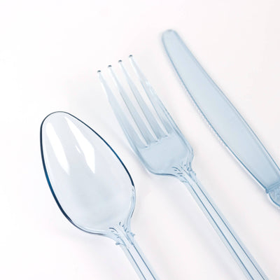 Clear blue disposable cutlery set: spoon, fork, and knife.